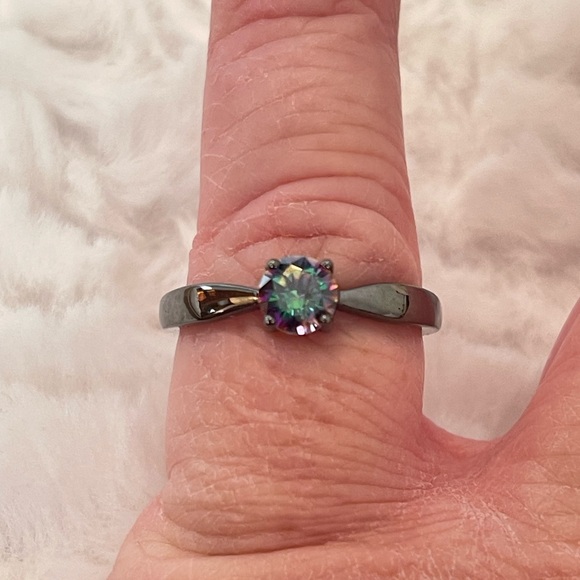 JewelryPalace Natural Rainbow Mystic Quartz 925 Sterling  925 Sterling Silver Rainbow CZ Black Rhodium Solitaire Ring Size 10.25